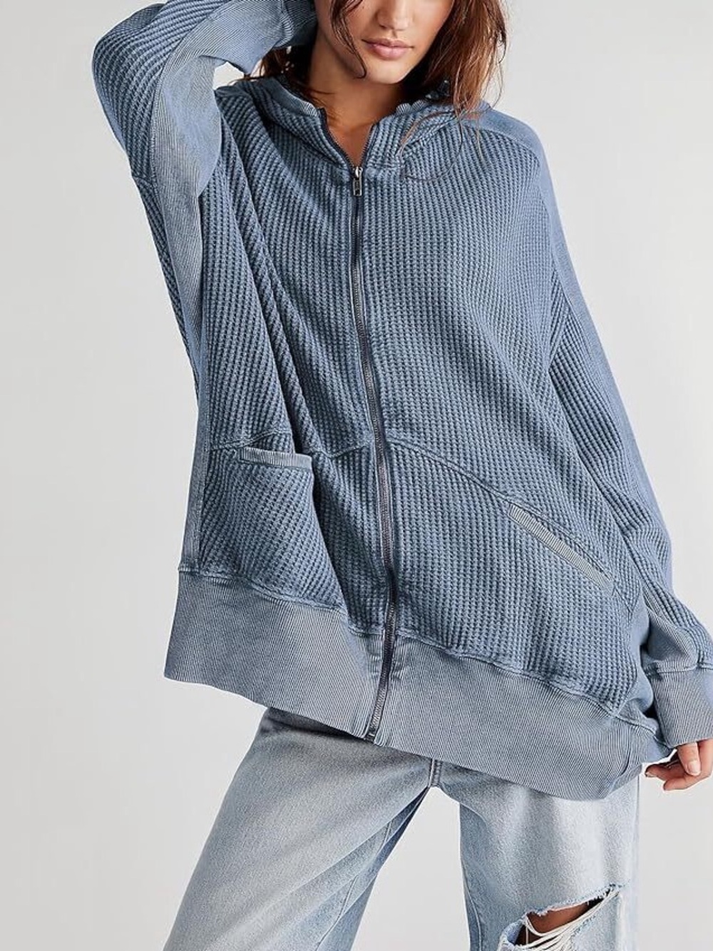 Free People FP One Ash Pieced Thermal Zip Up Oversized Hoodie Sweatshirt - Picture 2 of 4